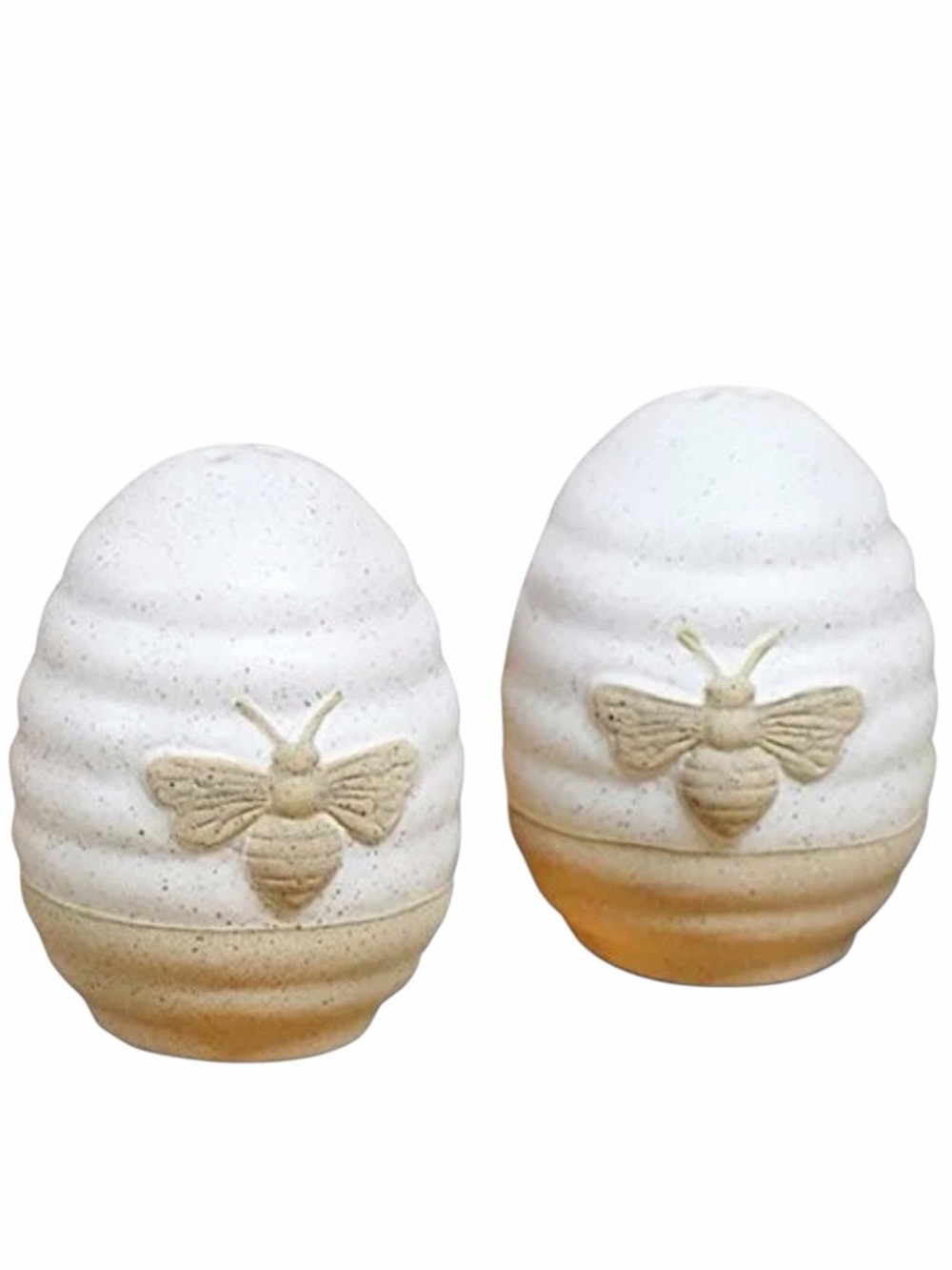 Bee Hive Ceramic Salt and Pepper Shakers - White and Tan